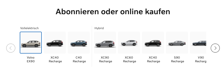 Beispiel für die Fahrzeugauswahl bei Care by Volvo.