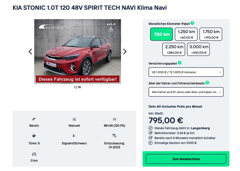 Auf der Detailseite deines gewünschten Fahrzeugs kannst du dein Abo individualisieren